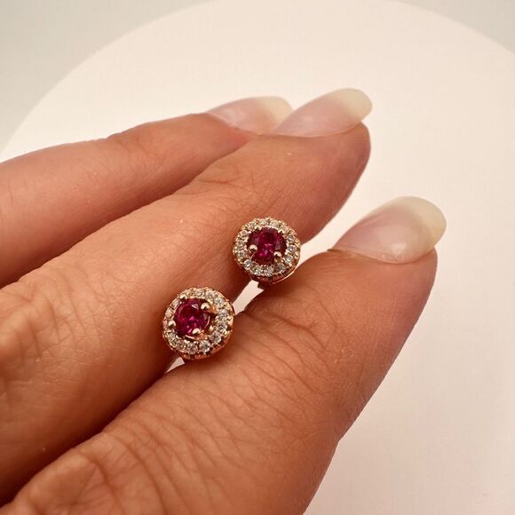 3mm ruby and cz diamonds, rose gold over sterling silver stud earrings! - Picture 6 of 6